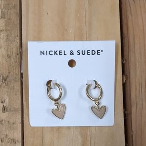 Nickel & Suede Gold Hoop Earrings with Beige Heart Charm